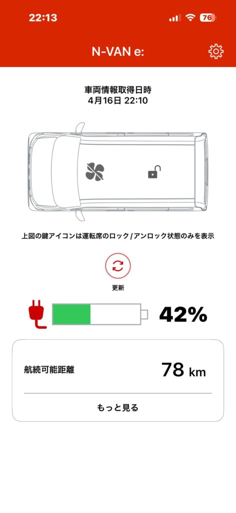 Amazonフレックス帰宅後のN-VAN e:アプリ画面。出発時95%から帰宅時42%まで減り、航続可能距離78kmと表示されている。