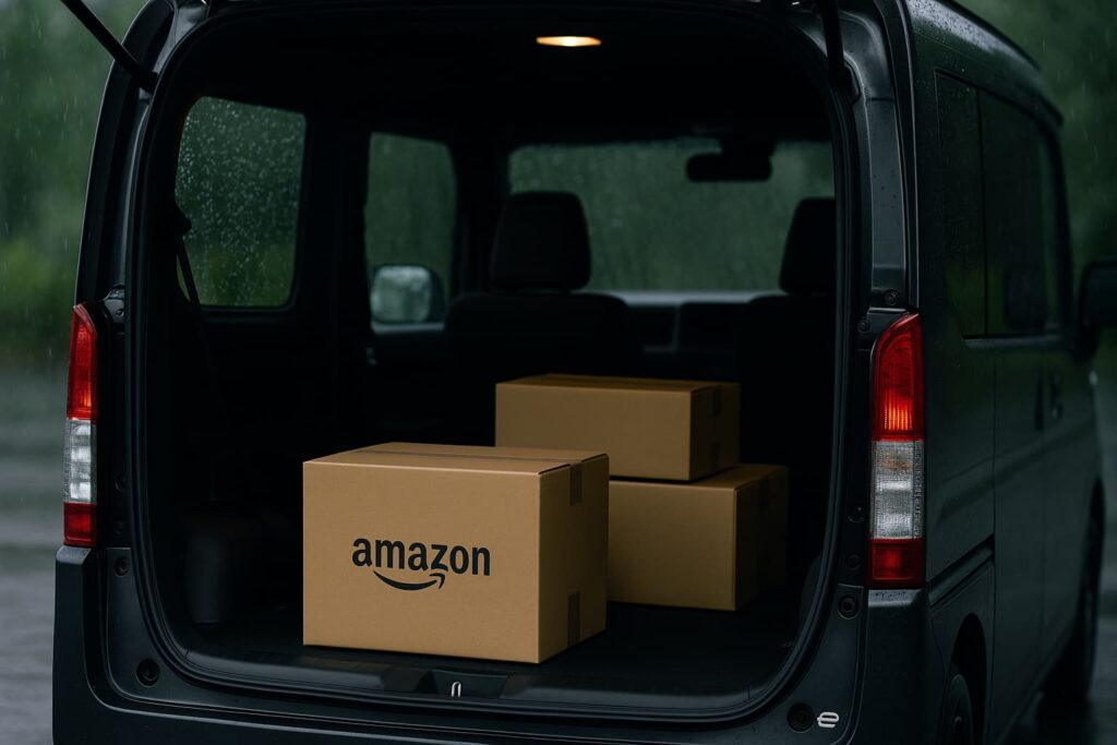 雨上がりの曇り空の下、Honda N-VAN e:の荷室にAmazonの段ボールが積まれている。リアゲートが開き、リアガラスには雨粒が残る。車内には柔らかな照明が灯り、静かな雰囲気が漂う。