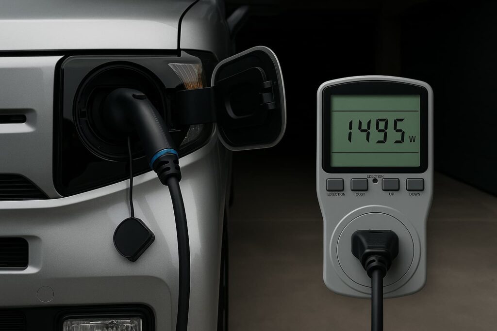 EVの充電ポートにケーブルを接続し、ワットチェッカーで消費電力1495Wを計測している様子