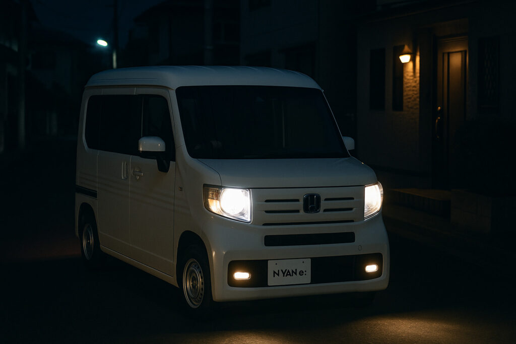 夜の住宅街に停車するEV Honda N-VAN e:。ヘッドライトが静かに光り、濡れた路面が街灯に反射している。