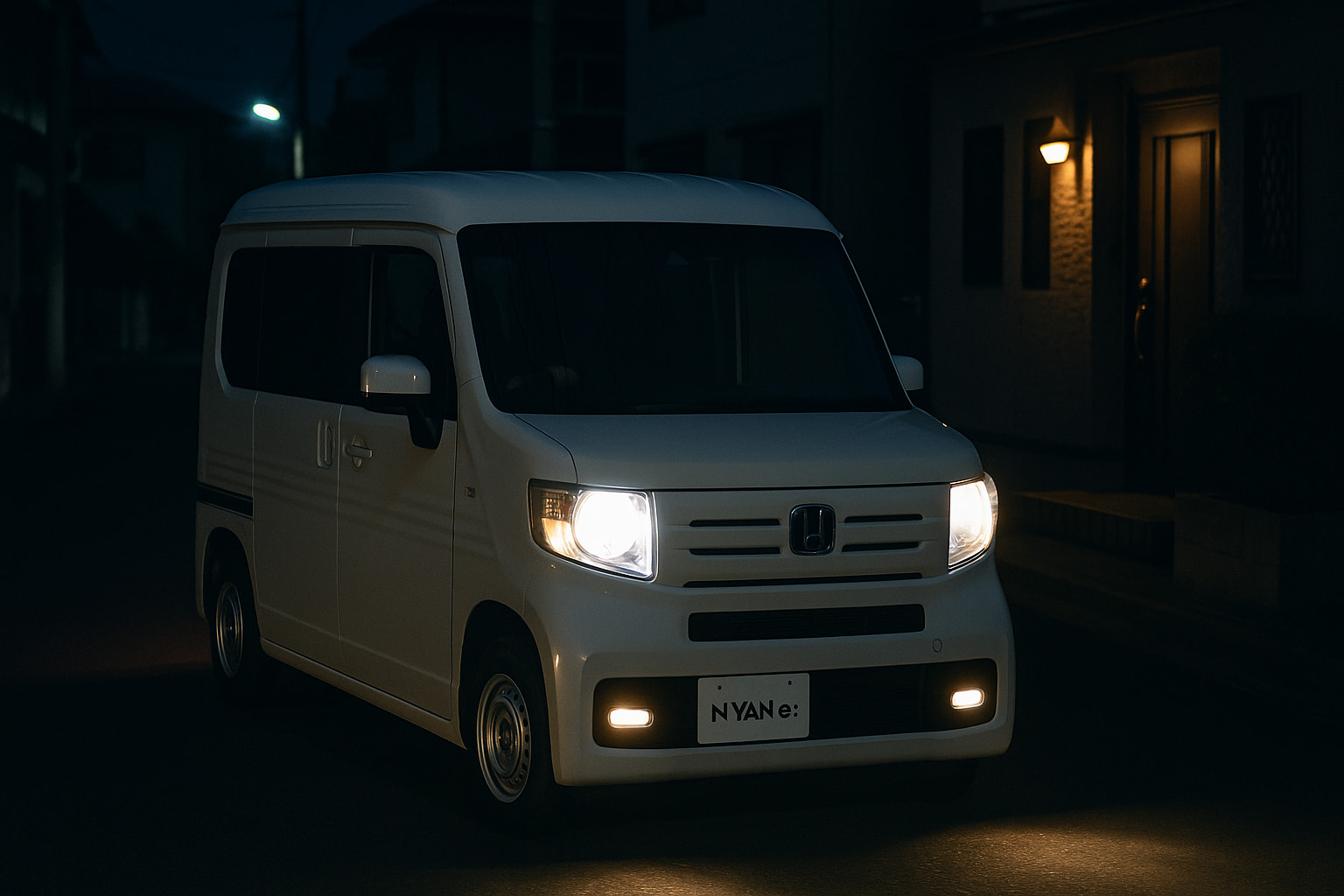 夜の住宅街に停車するEV Honda N-VAN e:。ヘッドライトが静かに光り、濡れた路面が街灯に反射している。