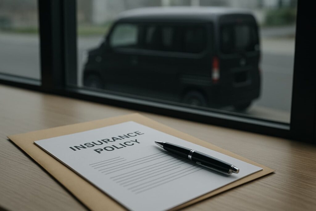 黒ナンバーの軽貨物車と保険証券。LEVO補助金と事業用保険の実体験記事用画像。