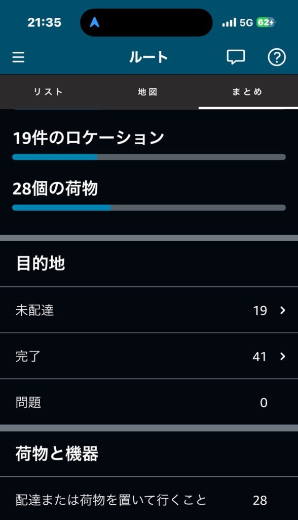 Amazonフレックスのルート画面。19件のロケーションと41件の完了、19件の未配を示す配送データ。