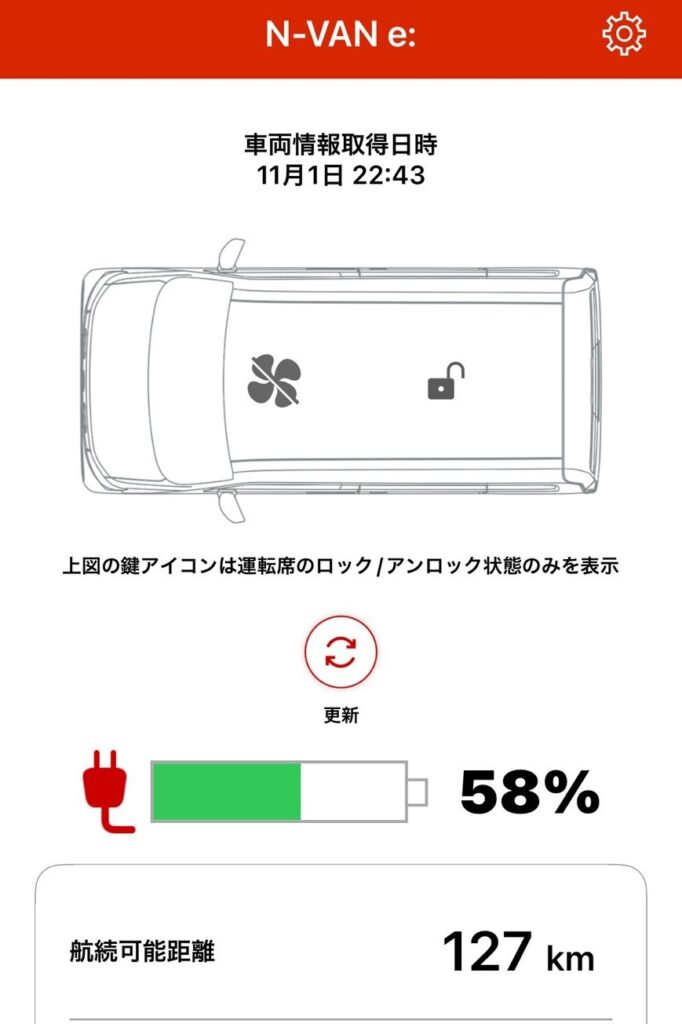 N-VAN e:の車両情報アプリに表示されたバッテリー残量58%と航続可能距離127kmの画面。