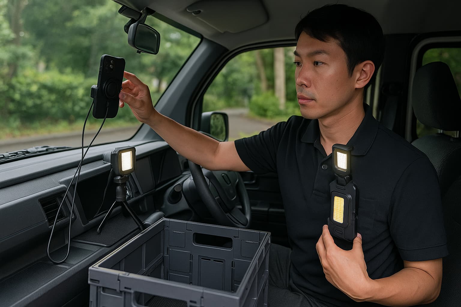 Amazonフレックスの装備例。N-VAN e: の車内でスマホホルダーや作業灯、オリコンを配置した様子