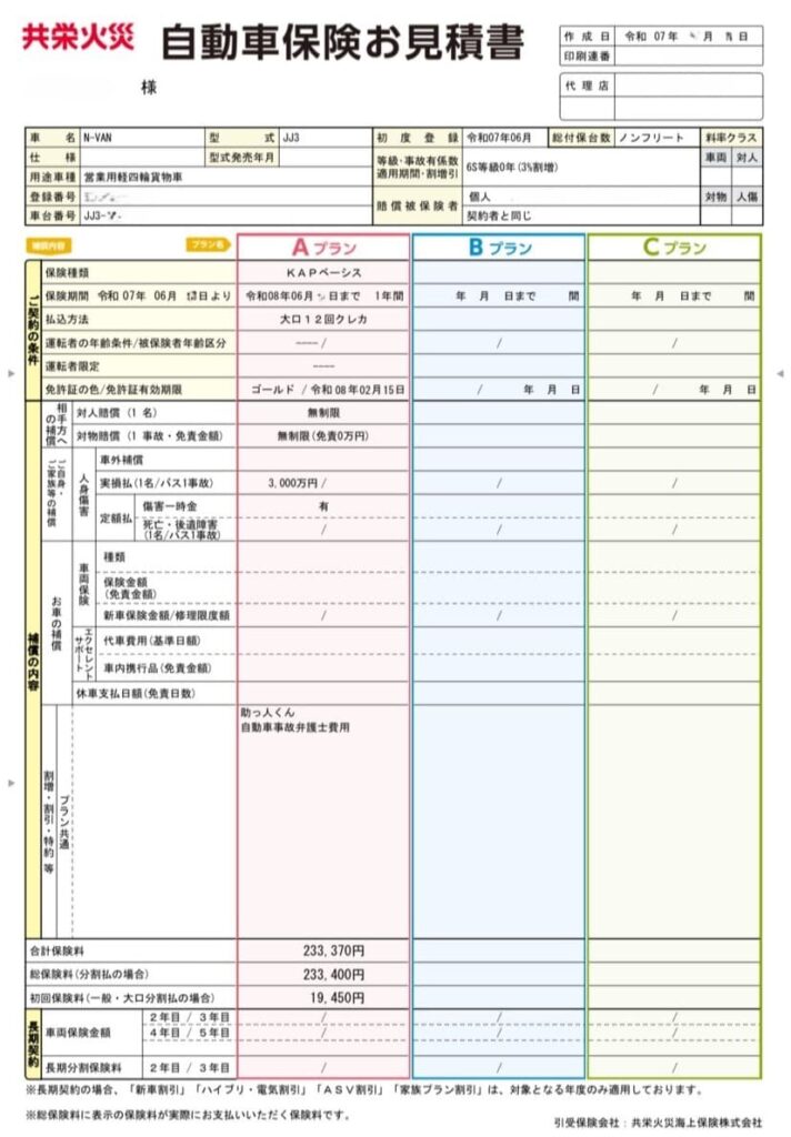 共栄火災の自動車保険見積書。車両はN-VAN e:、業務用、対人・対物無制限、弁護士費用特約付き、車両保険なしの条件で試算。代理店経由で年間233,370円の見積もり結果。