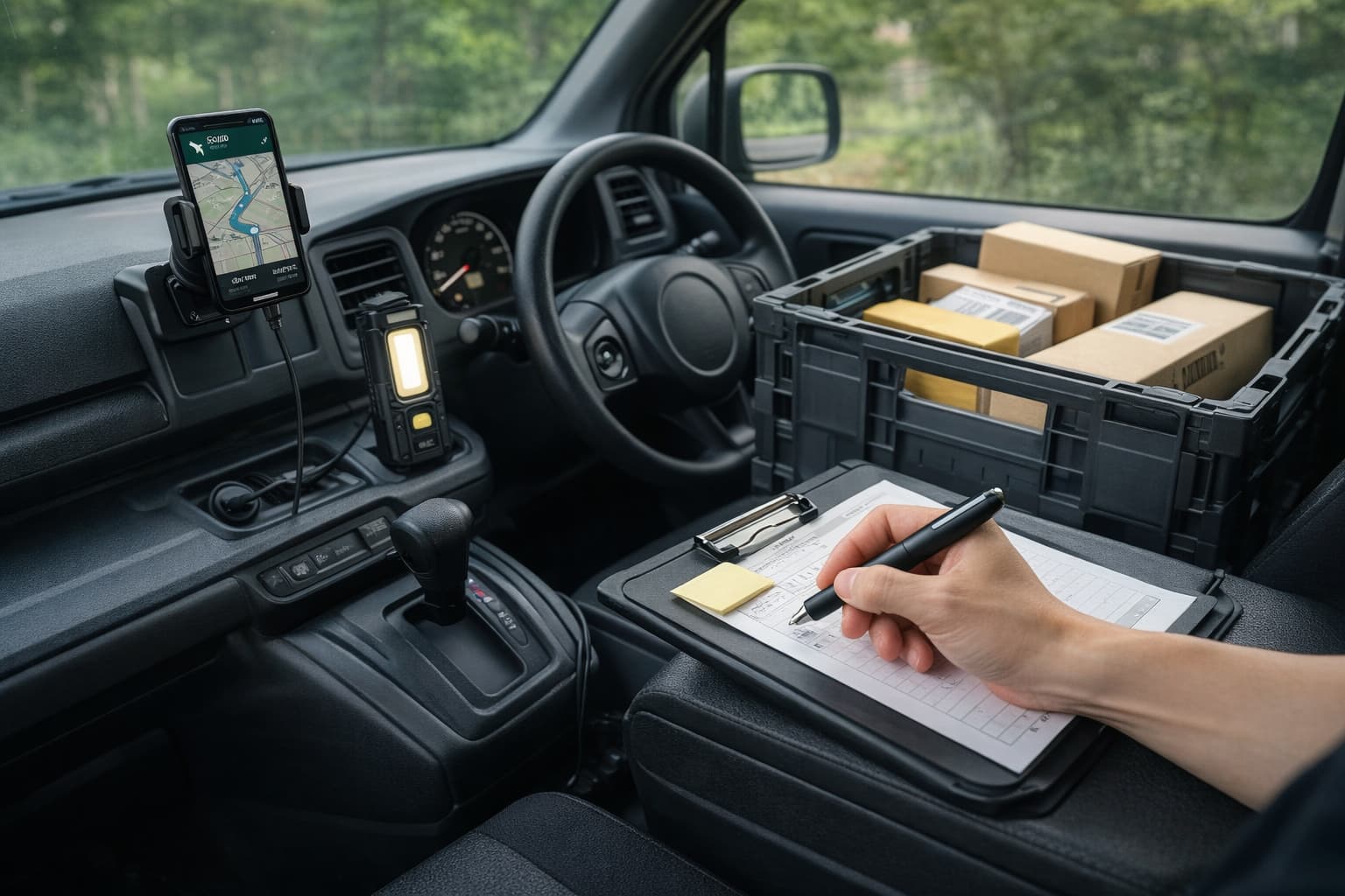 運転席から見たAmazonフレックス配送の作業風景（スマホホルダー・作業灯・オリコン・クリップボードとラミーピコを使用して記入している様子）