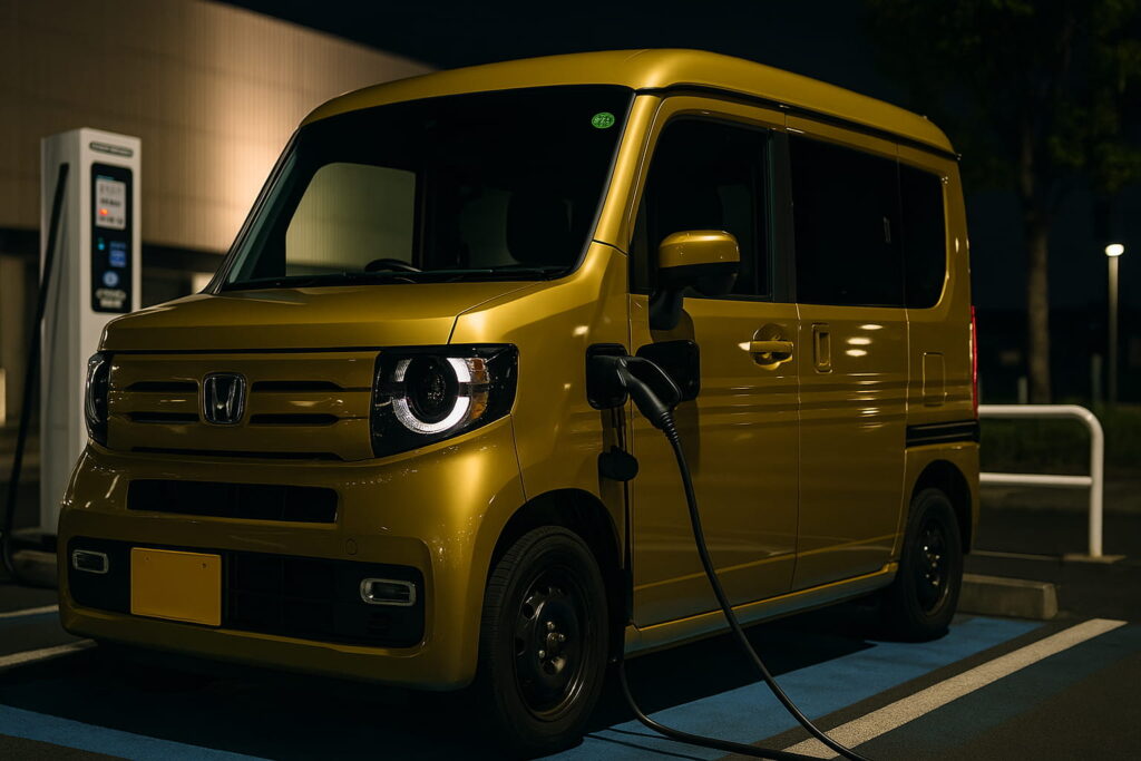 夜間の充電スタンドで充電中のホンダN-VAN e:。Amazonフレックスの配送に使用した電気軽バンの実走データ検証写真。