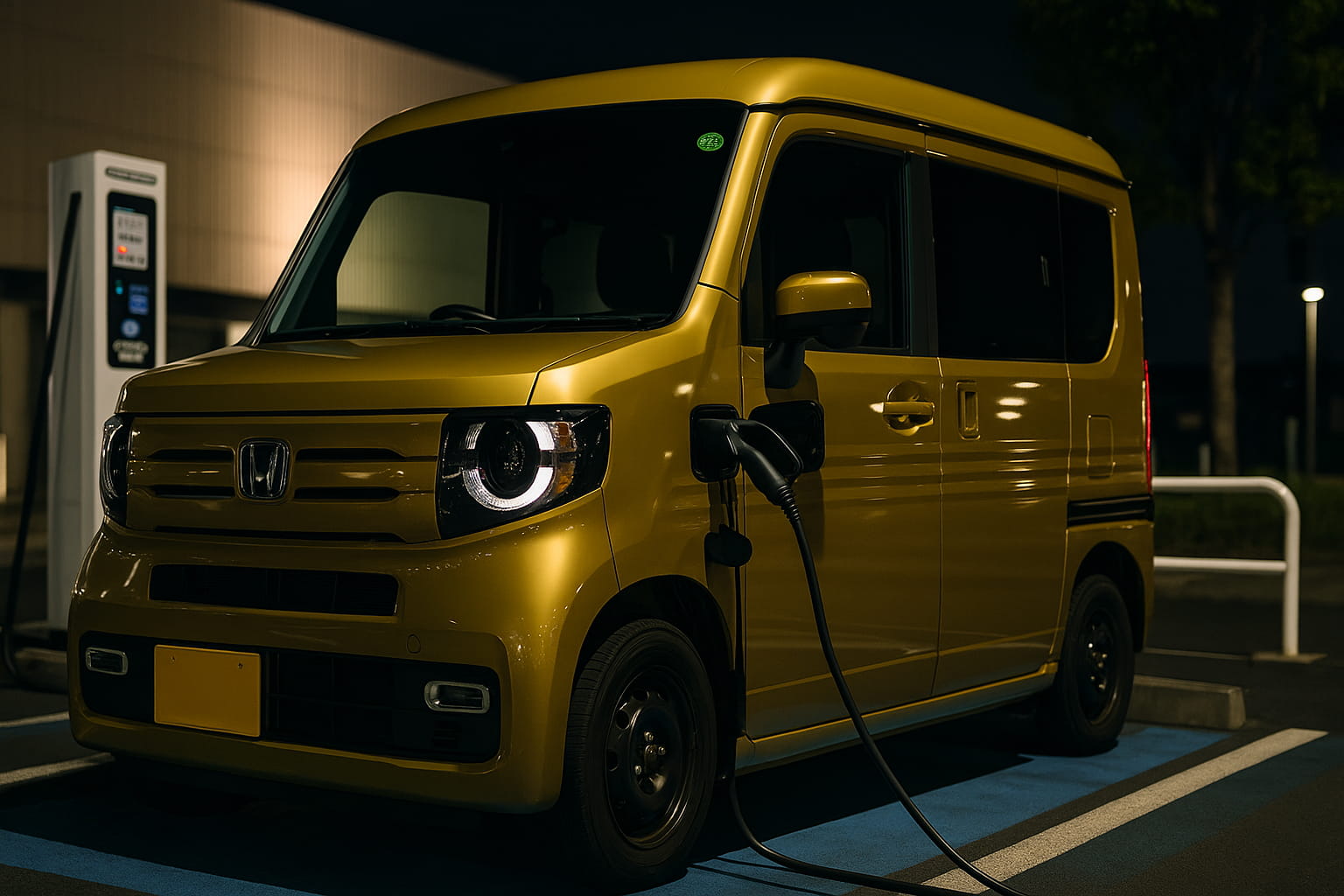 夜間の充電スタンドで充電中のホンダN-VAN e:。Amazonフレックスの配送に使用した電気軽バンの実走データ検証写真。