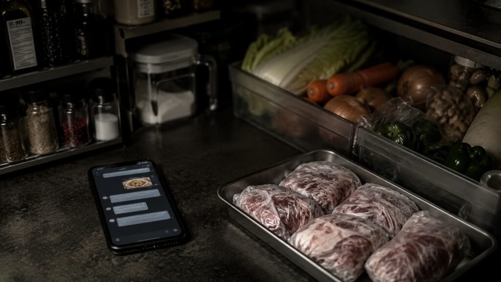 AIレシピ画面を表示したスマホ、調味料、野菜、冷凍用に小分けした肉を並べた暗めのキッチン風景。