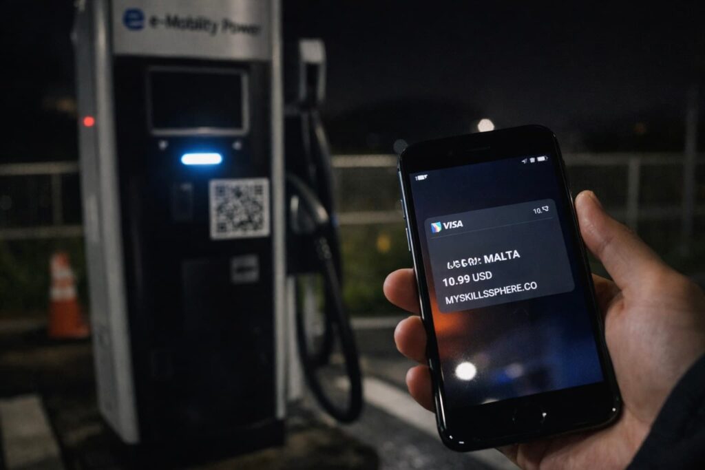 EV急速充電器のQRコードを読み取った後に海外不正利用通知が表示されたスマートフォンのイメージ