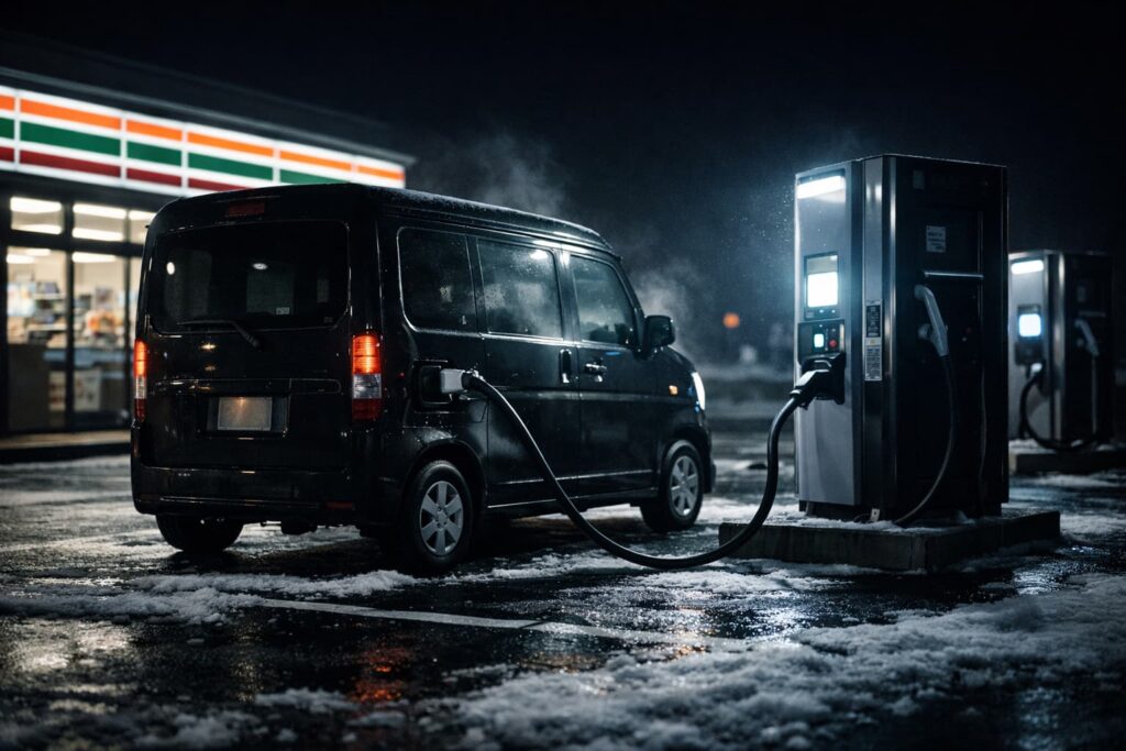 真冬の夜、コンビニ駐車場で黒いN-VAN e:が急速充電器につながれて充電している様子（雪と冷気の雰囲気）