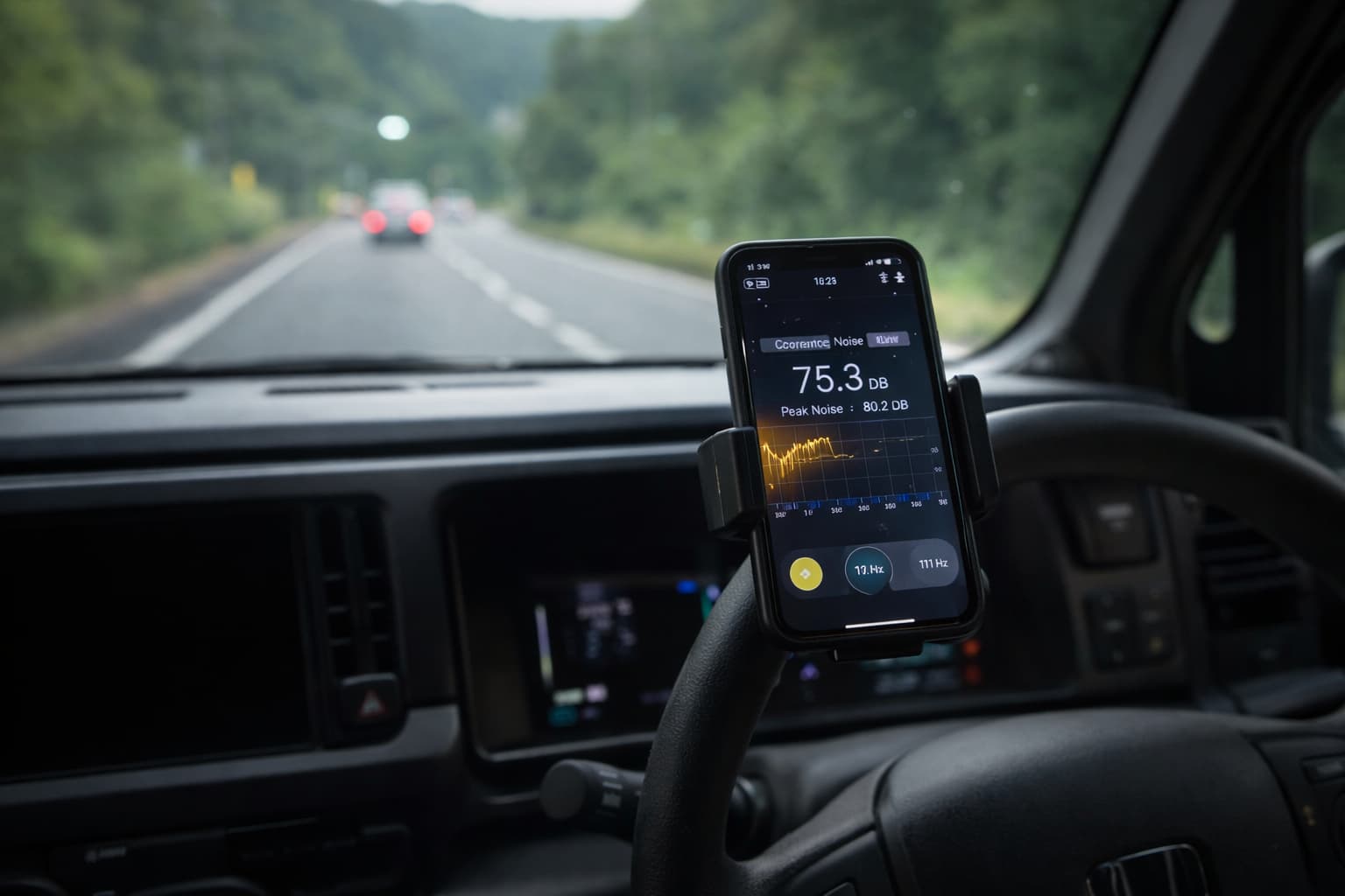 N VAN e FUN 車内騒音をスマートフォン騒音計アプリで測定している様子