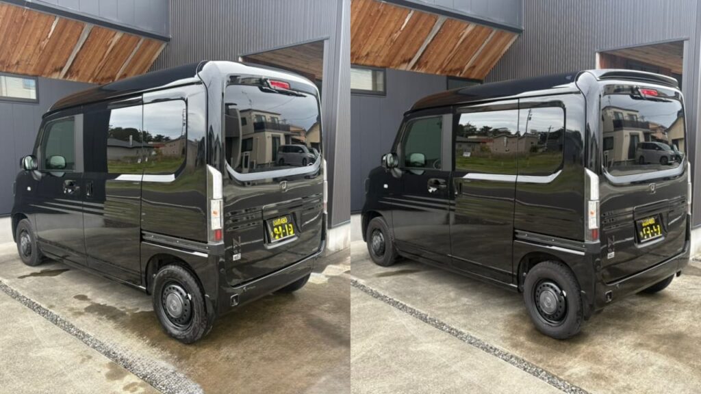 N-VAN e ガレージベリー リアスポイラー装着前後の比較。後ろが丸い印象から四角くなり、細長さが改善された