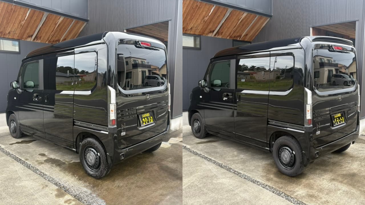 N-VAN e ガレージベリー リアスポイラー装着前後の比較。後ろが丸い印象から四角くなり、細長さが改善された