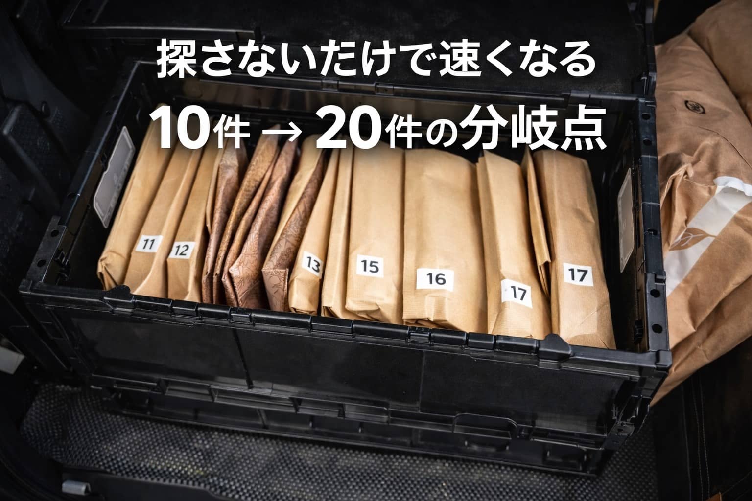 番号順に並べたAmazonフレックスの封筒をオリコンに入れているアイキャッチ画像。 「探さないだけで速くなる」「10件→20件の分岐点」という文字が入り、荷物を探す時間を減らすことで配達ペースが変わることを表している。
