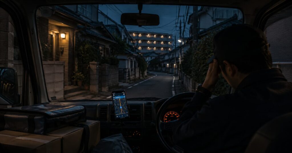 夜の住宅街で配達中の軽バン車内。スマホ地図と荷物が見える暗い運転席から、アマフレ後に残る疲労感を表したアイキャッチ画像。