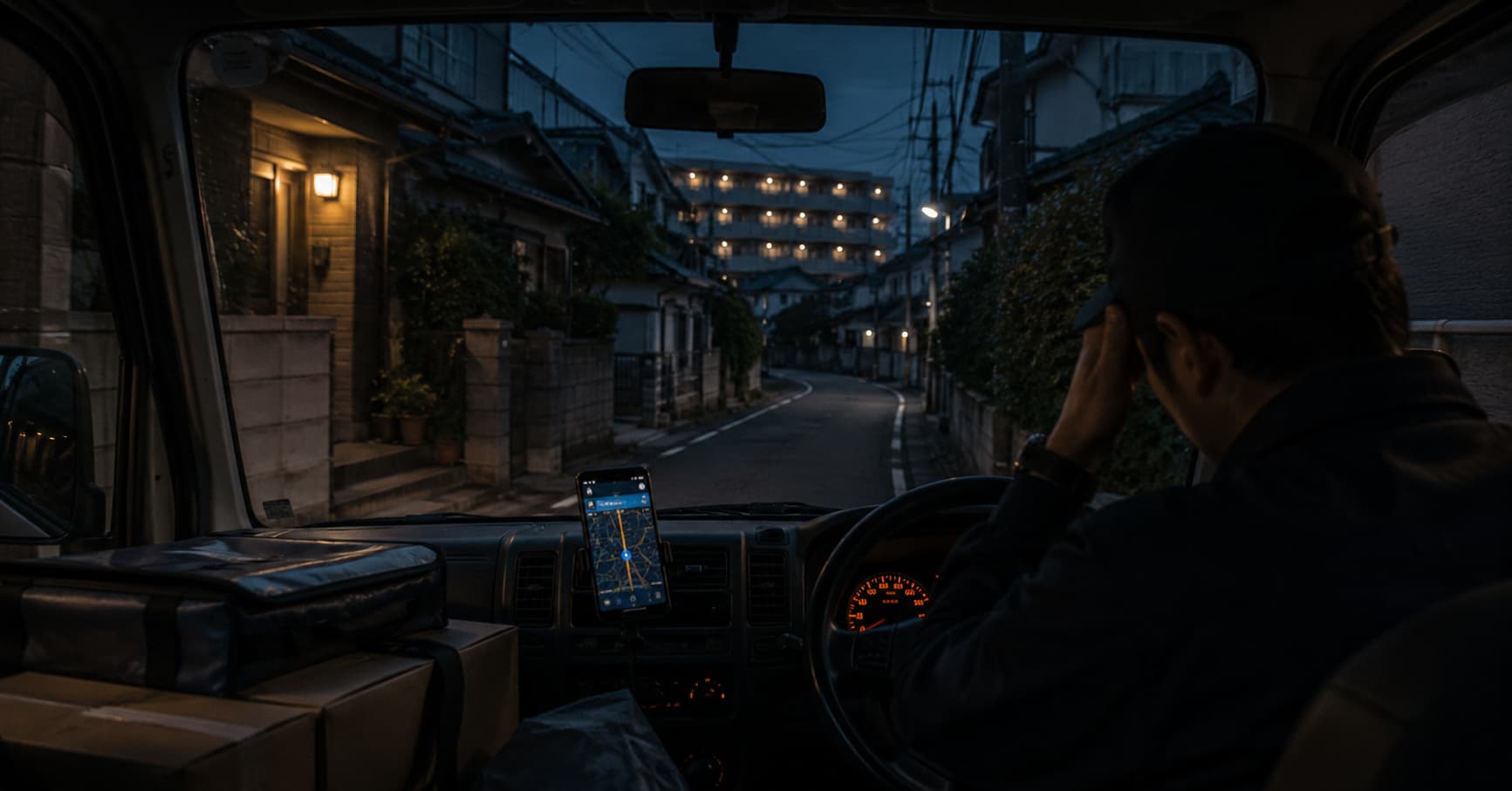 夜の住宅街で配達中の軽バン車内。スマホ地図と荷物が見える暗い運転席から、アマフレ後に残る疲労感を表したアイキャッチ画像。