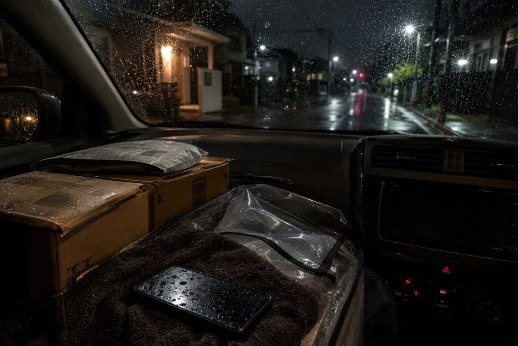 雨の夜、車内の配達荷物と濡れたスマホ越しに、雨粒のついたフロントガラスから住宅街を見ている様子