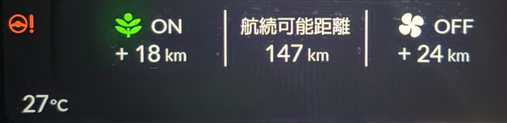 N-VAN e:のメーターにエアコンOFFで航続可能距離プラス24kmと表示されている画面