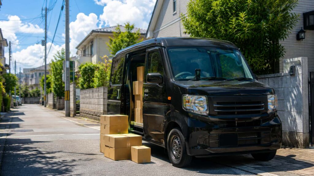 真夏の住宅街で荷物を積んだ黒いN-VAN e:。Amazon Flexの配達中に停車している様子
