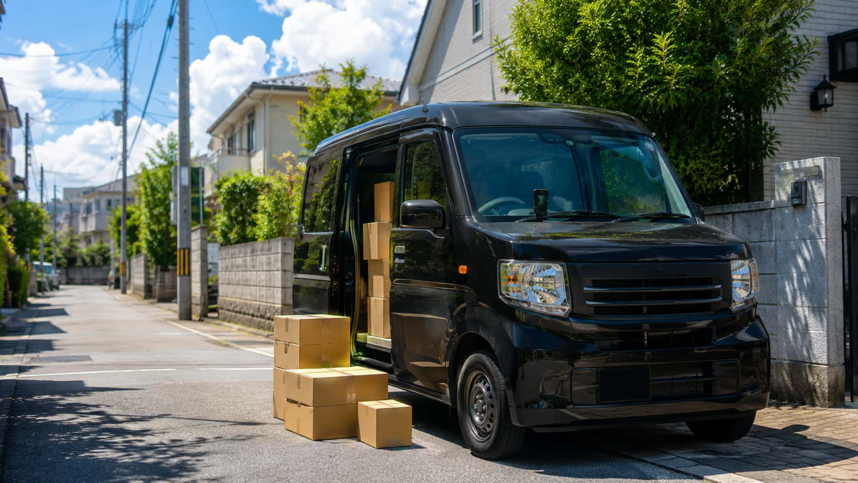 真夏の住宅街で荷物を積んだ黒いN-VAN e:。Amazon Flexの配達中に停車している様子